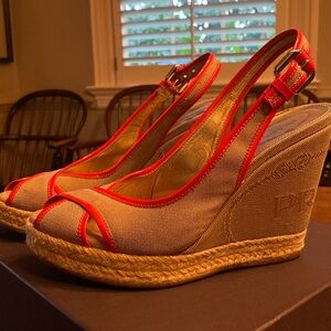 PRADA Neutral canvas and red piped wedges